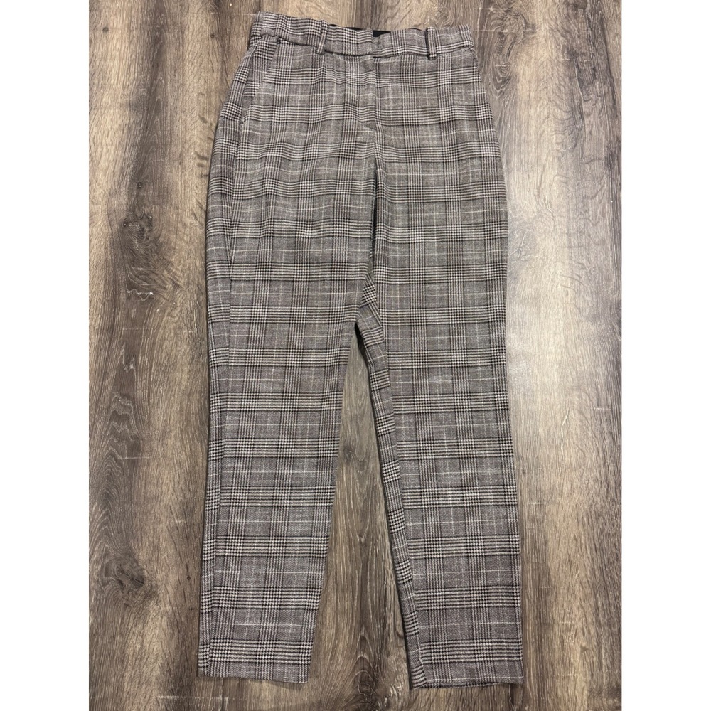HM Brown Plaid Ankle Trousers Size 8 High Waist Checkered Slim Fit Pants